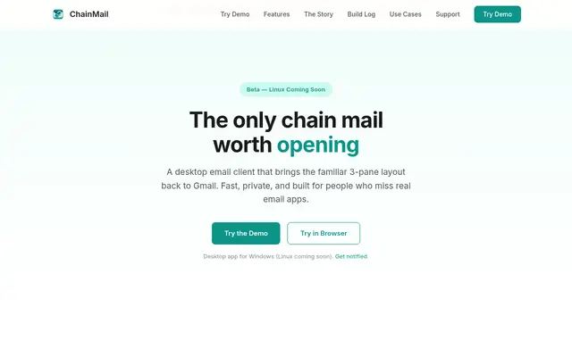 ChainMail (Claude Code as autonomous CEO of a $1/mo Gmail app) website screenshot